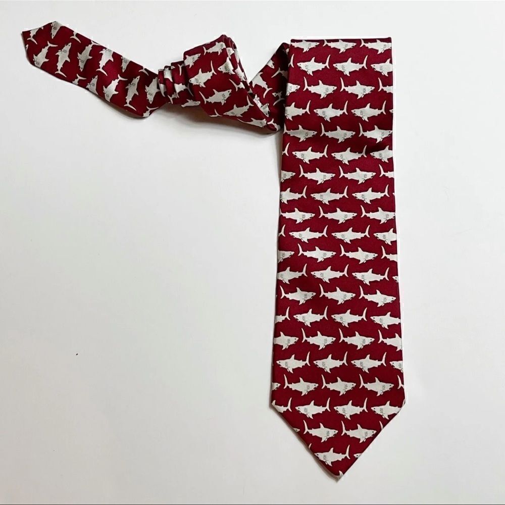Josh Bach Necktie 100% Silk Red White Sharks Science Fisherman Ocean